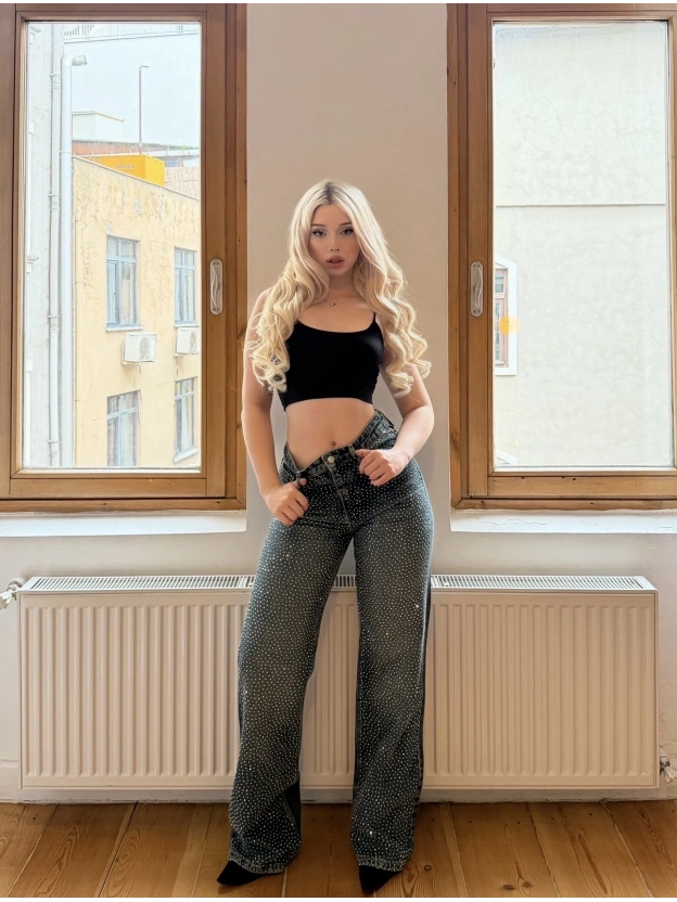 Koyu Mavi Wide Leg Önü Taşlı Pantolon