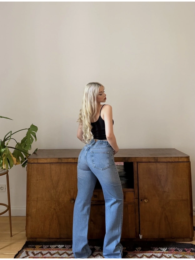 Mavi Wide Leg Önü Taşlı Pantolon