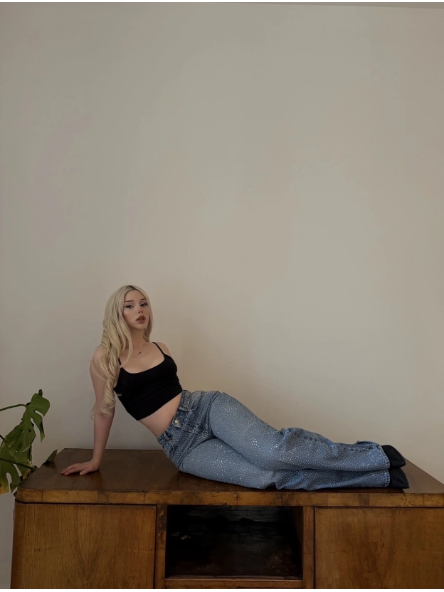 Mavi Wide Leg Önü Taşlı Pantolon