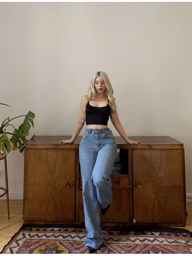 Mavi Wide Leg Önü Taşlı Pantolon