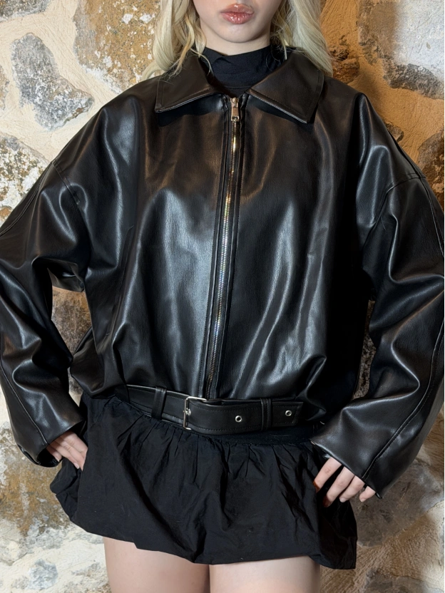 Siyah Kemer Detay Oversize Deri Ceket