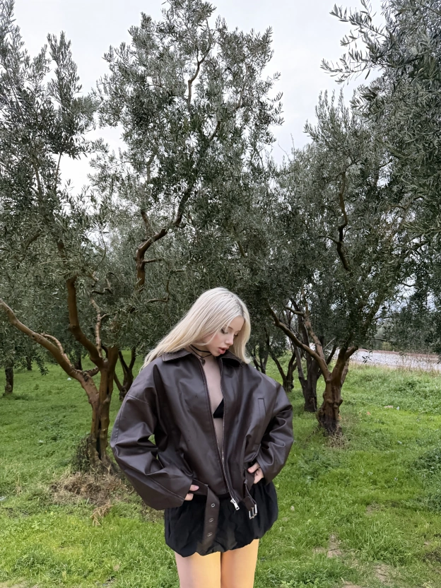 Kahverengi Kemer Detay Oversize Deri Ceket