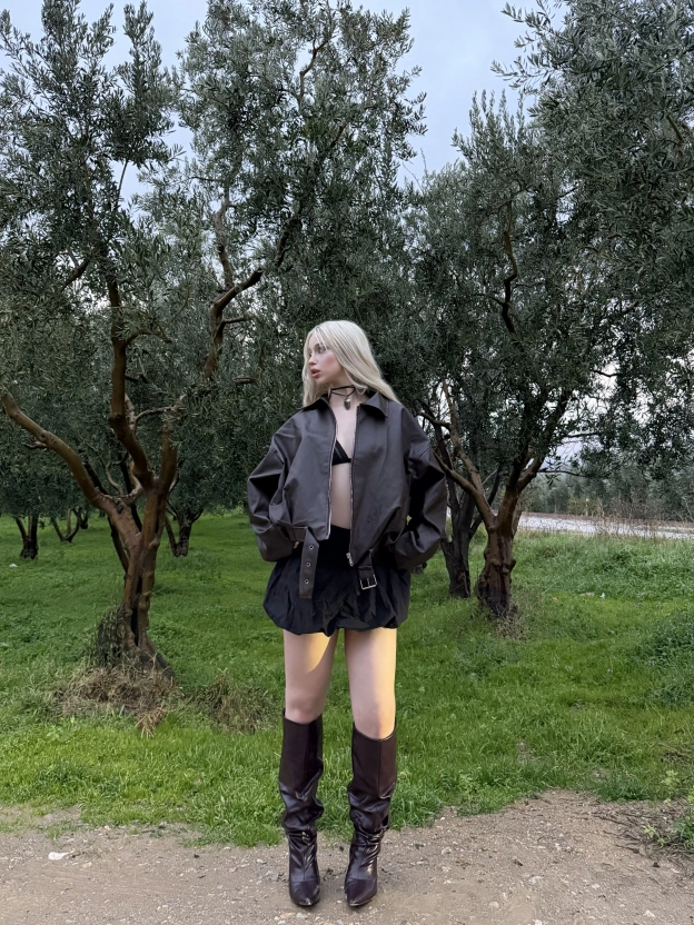 Kahverengi Kemer Detay Oversize Deri Ceket