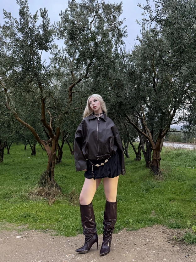 Kahverengi Kemer Detay Oversize Deri Ceket