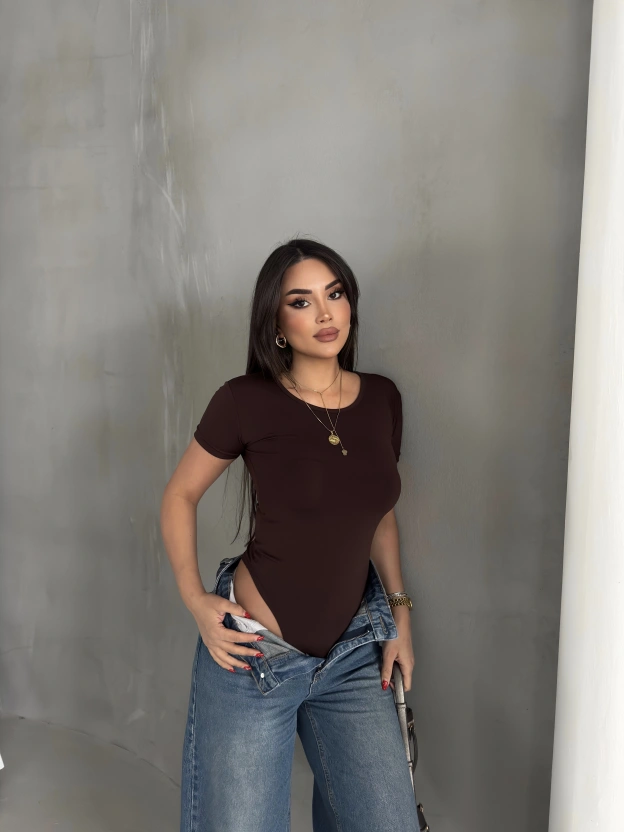 Kahverengi Kısa Kollu Bodysuit