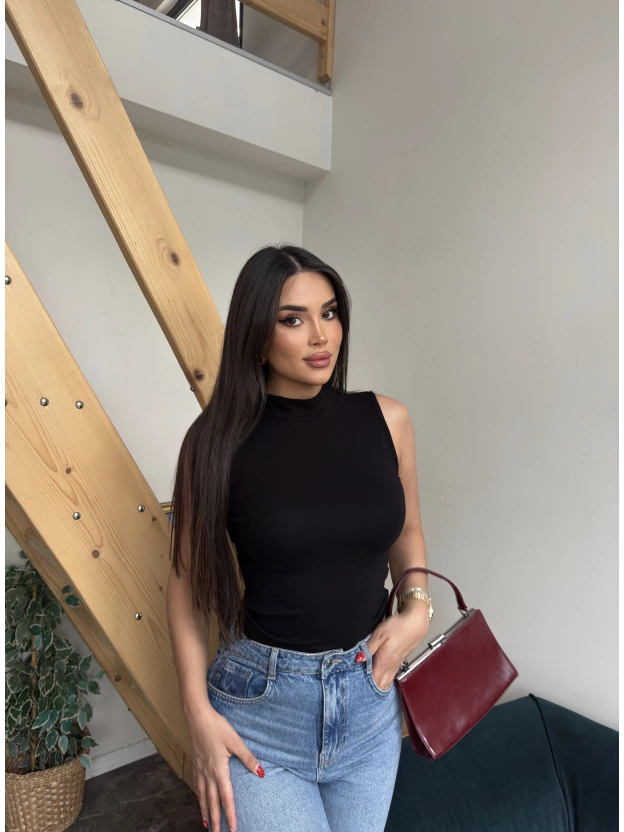 Siyah Yarım Balıkçı Kolsuz Crop