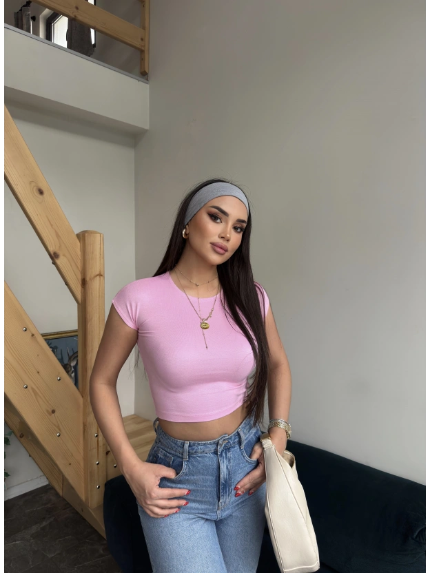 Pembe Kısa Kol Crop Top