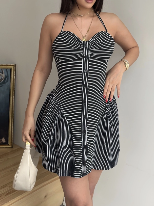 Siyah Çizgili Düğme Detay Elbise