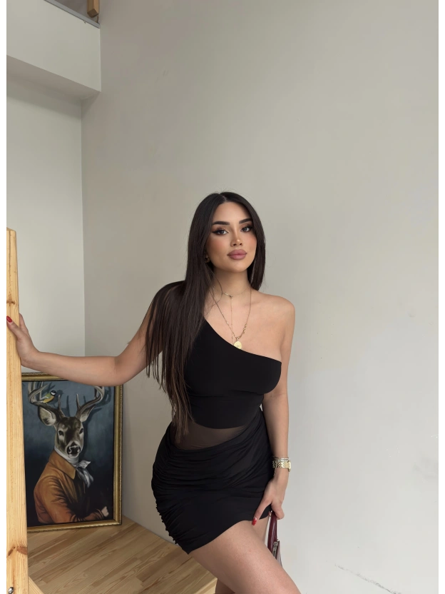 Siyah Transparan Detay Tek Omuz Elbise