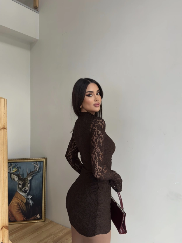 Kahverengi Damla Dekolteli Dantel Elbise