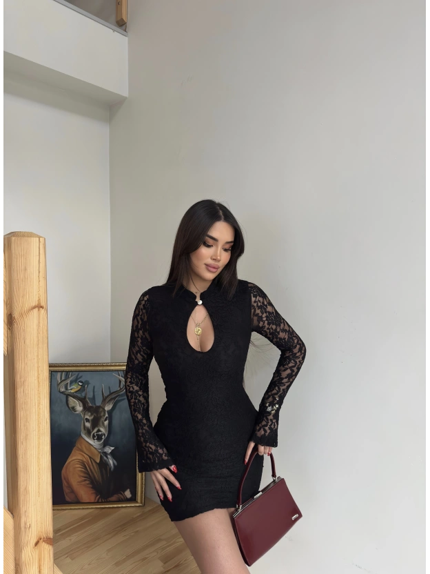 Siyah Damla Dekolteli Dantel Elbise