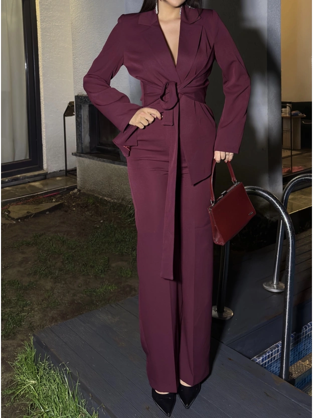 Bordo Bağlamalı Blazer Takım