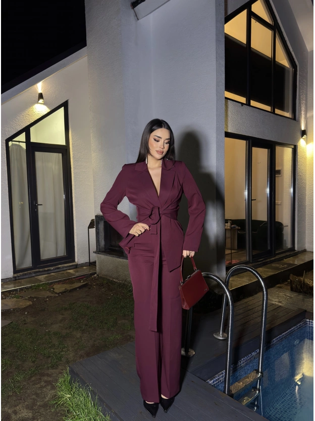 Bordo Bağlamalı Blazer Takım