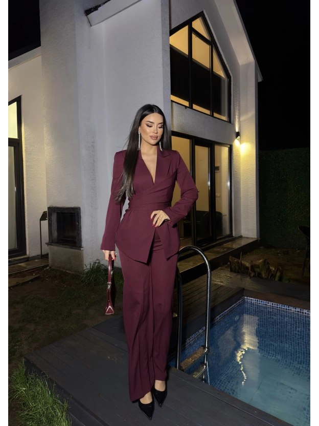 Bordo Bağlamalı Blazer Takım