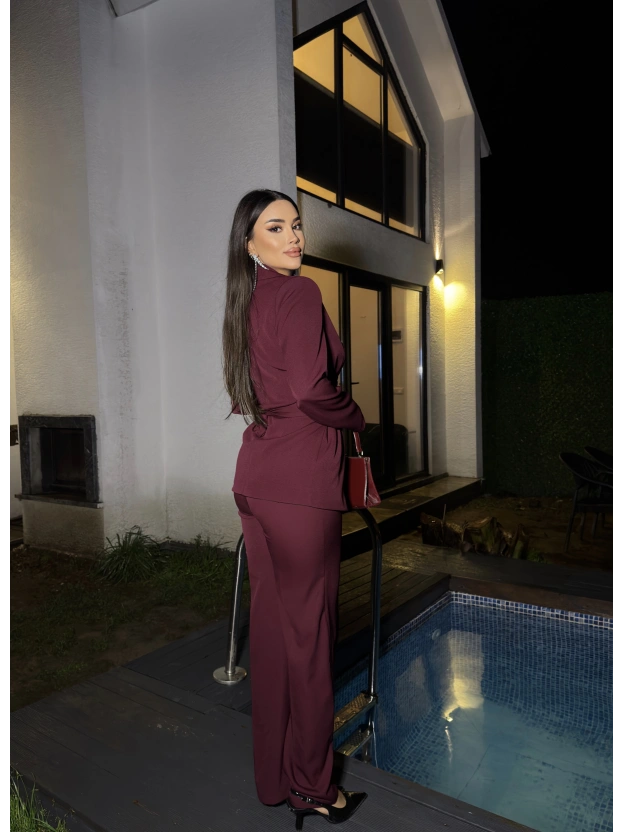 Bordo Bağlamalı Blazer Takım