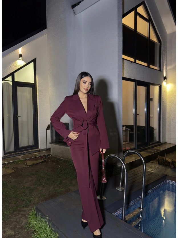 Bordo Bağlamalı Blazer Takım