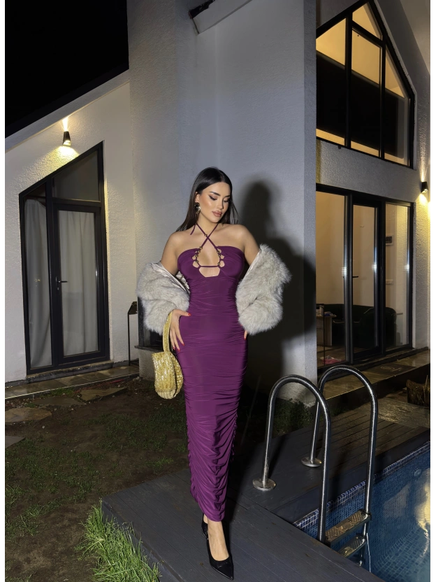 Mürdüm Boyundan Bağlamalı Drapeli Tasarım Elbise