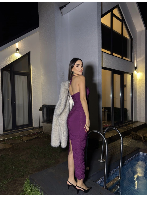 Mürdüm Boyundan Bağlamalı Drapeli Tasarım Elbise