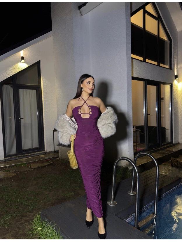 Mürdüm Boyundan Bağlamalı Drapeli Tasarım Elbise