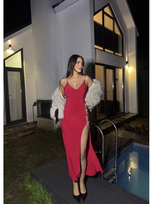 Kırmızı Fiyonk Dekolteli Uzun Elbise