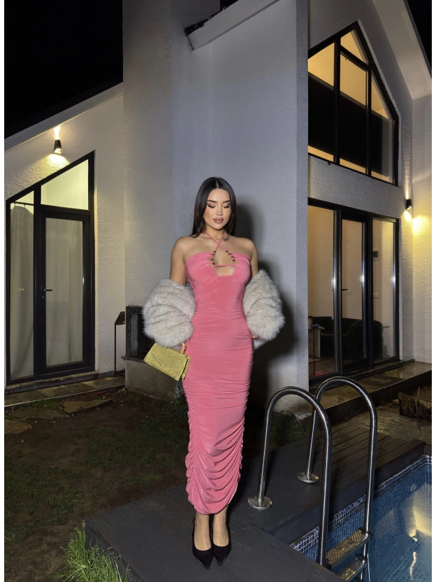 Pembe Boyundan Bağlamalı Drapeli Tasarım Elbise