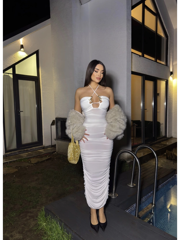 Beyaz Boyundan Bağlamalı Drapeli Tasarım Elbise