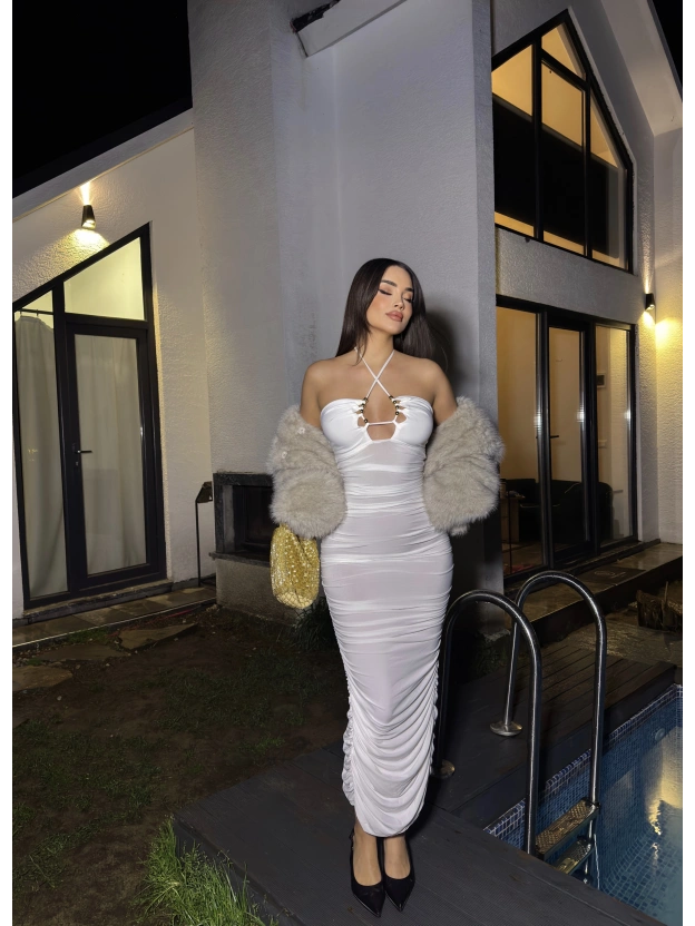 Beyaz Boyundan Bağlamalı Drapeli Tasarım Elbise