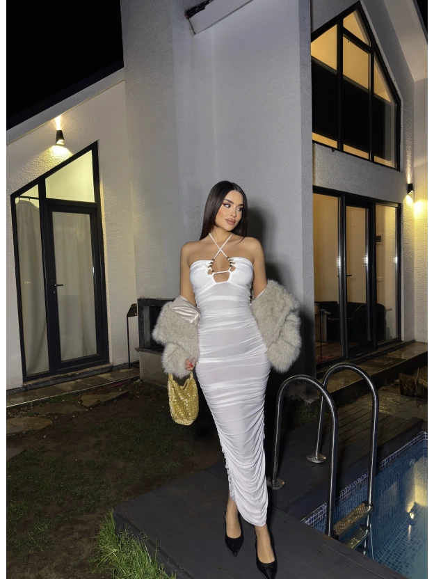 Beyaz Boyundan Bağlamalı Drapeli Tasarım Elbise