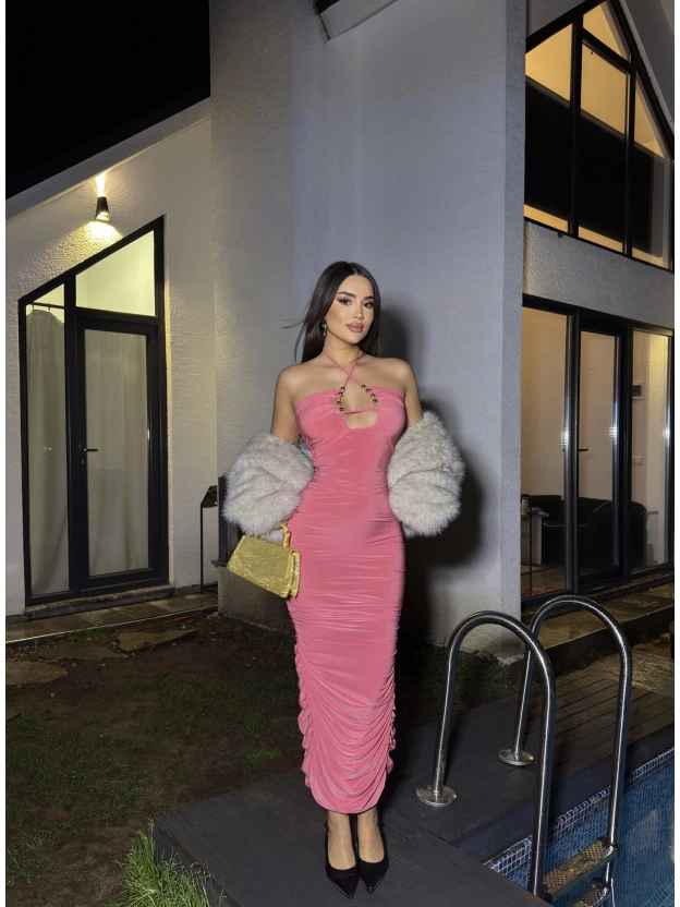 Pembe Boyundan Bağlamalı Drapeli Tasarım Elbise