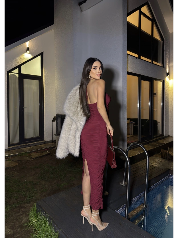 Bordo Boyundan Bağlamalı Drapeli Tasarım Elbise