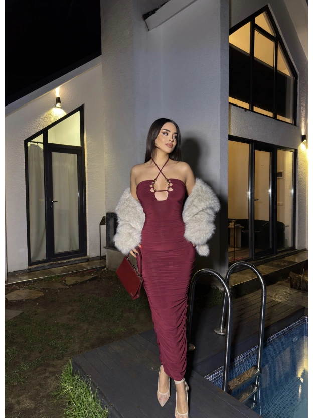 Bordo Boyundan Bağlamalı Drapeli Tasarım Elbise