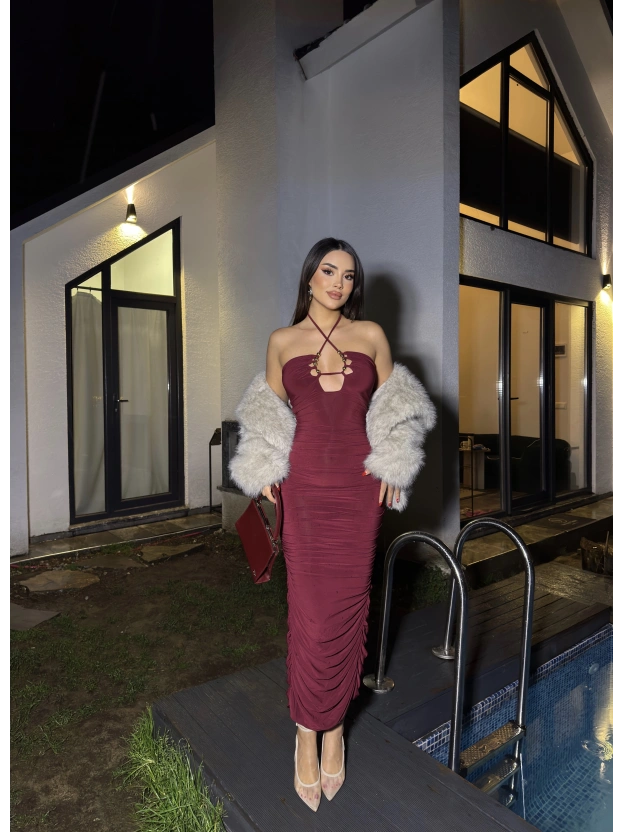 Bordo Boyundan Bağlamalı Drapeli Tasarım Elbise