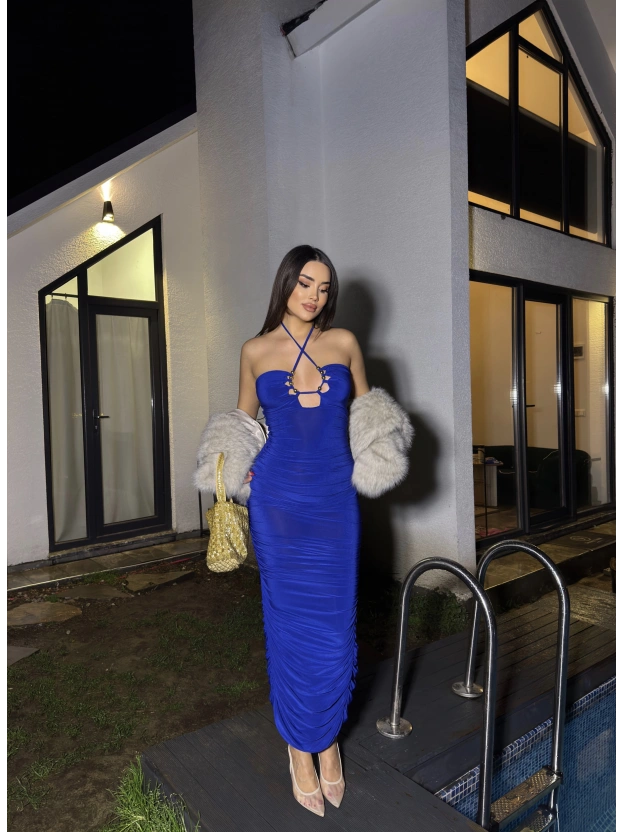 Saks Mavisi Boyundan Bağlamalı Drapeli Tasarım Elbise