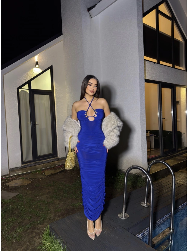 Saks Mavisi Boyundan Bağlamalı Drapeli Tasarım Elbise