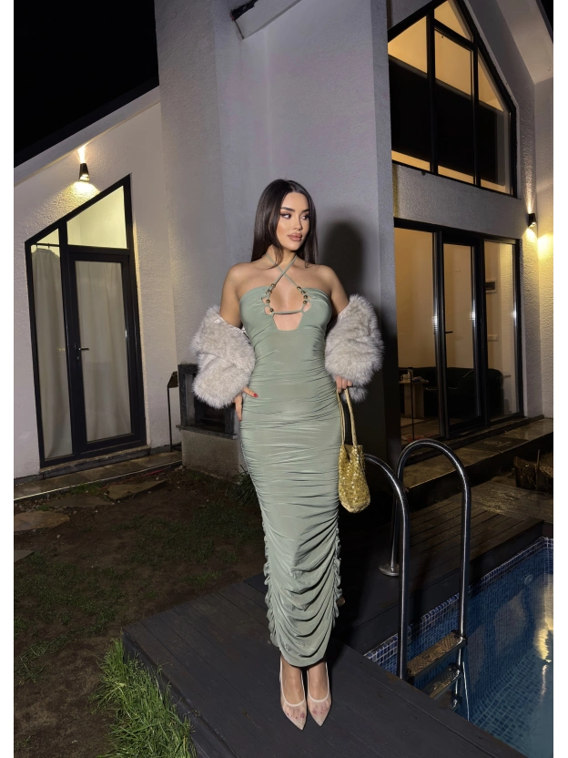 Mint Yeşil Boyundan Bağlamalı Drapeli Tasarım Elbise