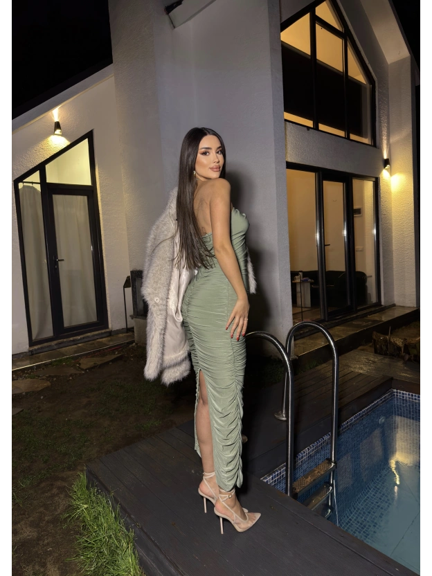 Mint Yeşil Boyundan Bağlamalı Drapeli Tasarım Elbise