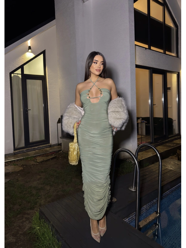 Mint Yeşil Boyundan Bağlamalı Drapeli Tasarım Elbise