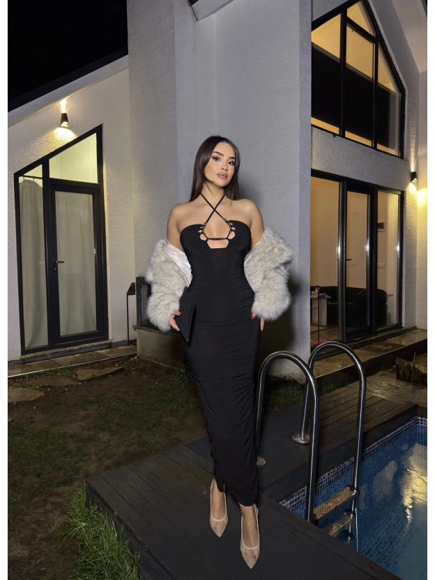 Siyah Boyundan Bağlamalı Drapeli Tasarım Elbise