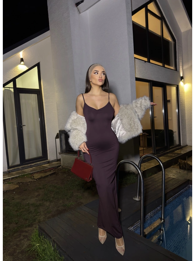 Mürdüm Askılı Göğüs Büzgü Uzun Elbise