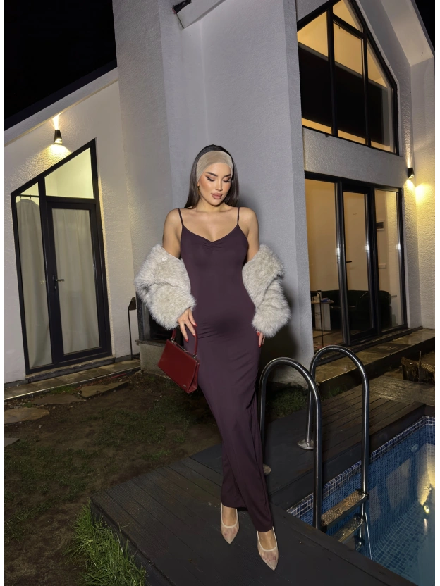 Mürdüm Askılı Göğüs Büzgü Uzun Elbise