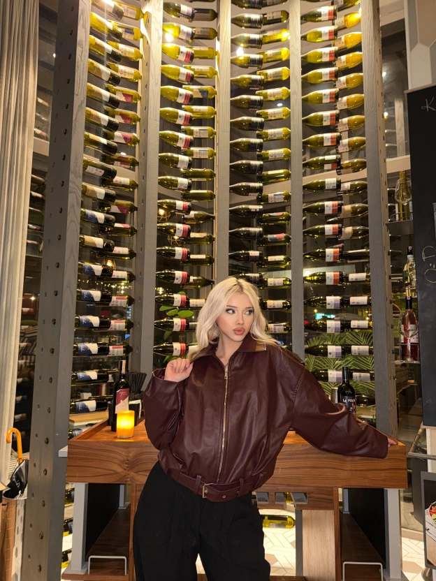 Bordo Kemer Detay Oversize Deri Ceket