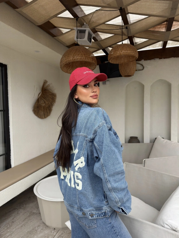 Mavi Nakışlı Oversize Kot Ceket