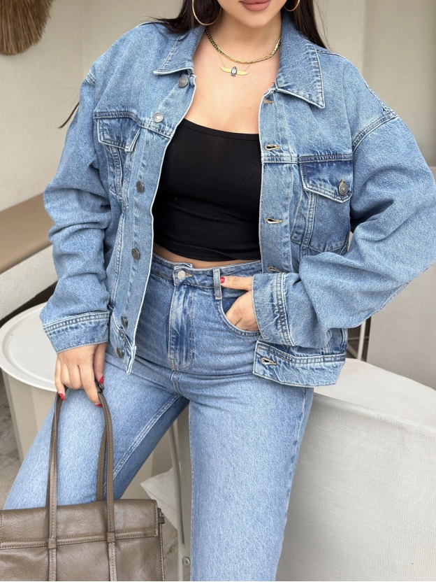 Mavi Nakışlı Oversize Kot Ceket