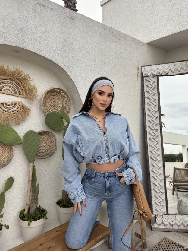 Mavi Yıkamalı Kemer Detay Oversize Kot Ceket