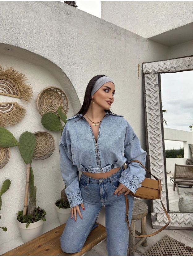 Mavi Yıkamalı Kemer Detay Oversize Kot Ceket