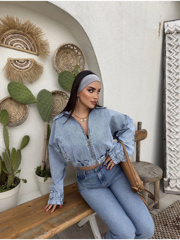 Mavi Yıkamalı Kemer Detay Oversize Kot Ceket