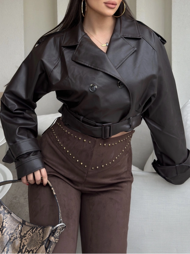 Kahverengi Crop Kemerli Deri Ceket