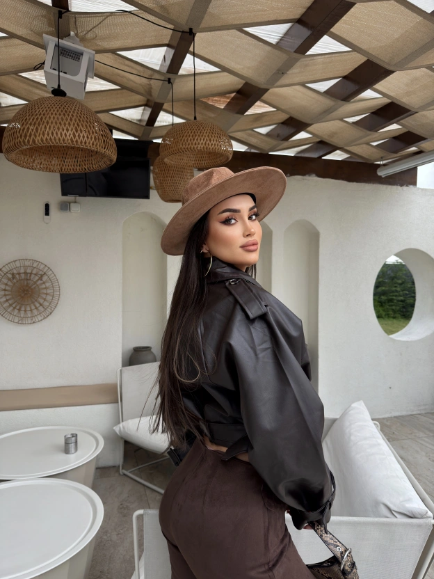 Kahverengi Crop Kemerli Deri Ceket