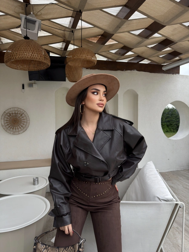 Kahverengi Crop Kemerli Deri Ceket