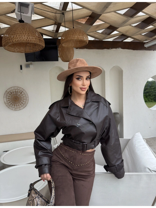 Kahverengi Crop Kemerli Deri Ceket